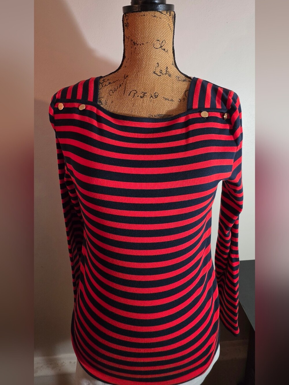 Ralph Lauren Red and Navy Striped Boatneck Top